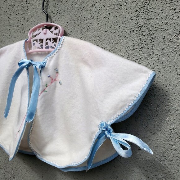 Vintage Baby Cape White Flannel with Blue Ribbon Trim Hand Embroidery - Picture 7 of 9